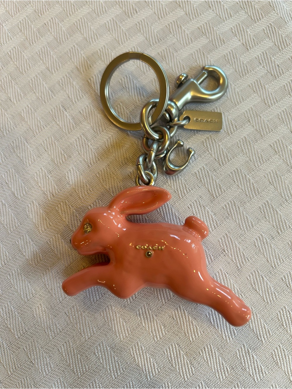 Coach Coral Pink Rabbit Keychain Charm with Silver Hardware